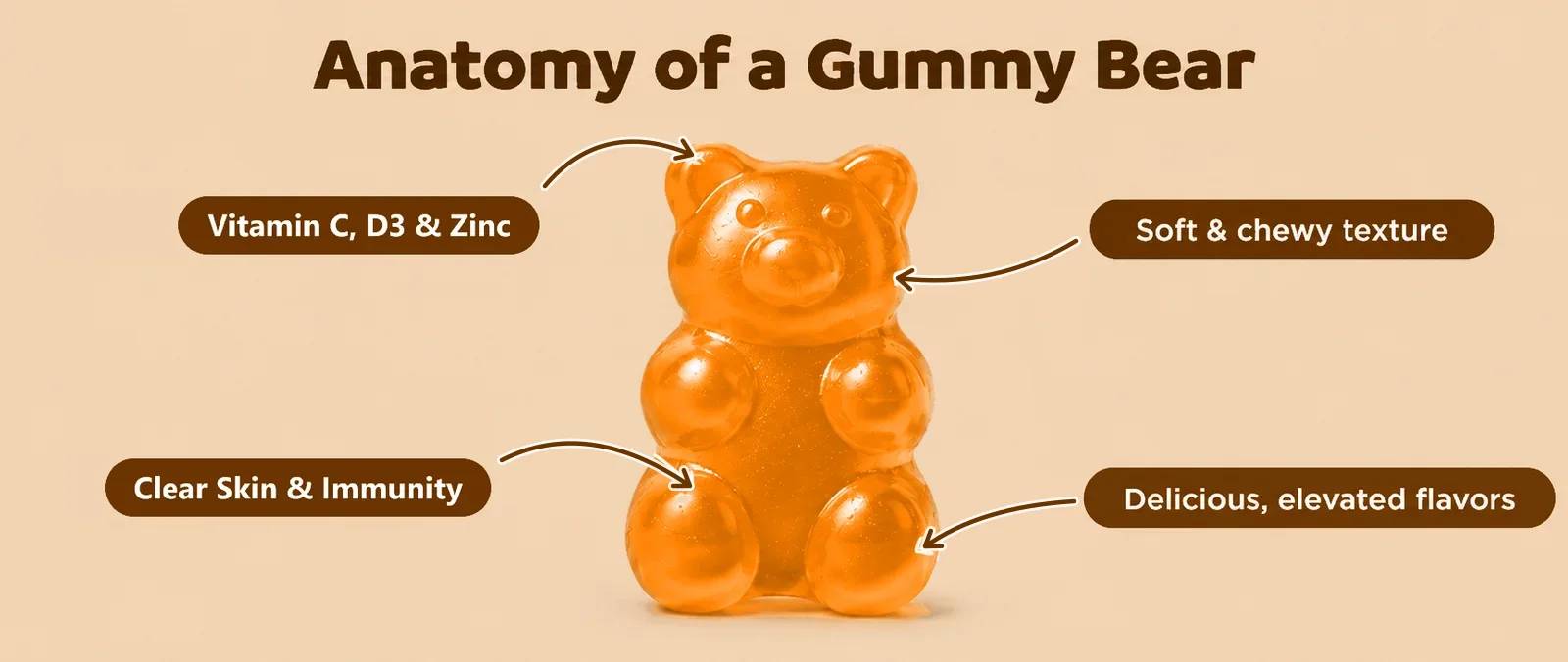 Anatomy of a Gummy Bear: Vitamin C, D3 & Zinc, soft and chewy texture, Clear Skin & Immunity, delicious elevated flavors