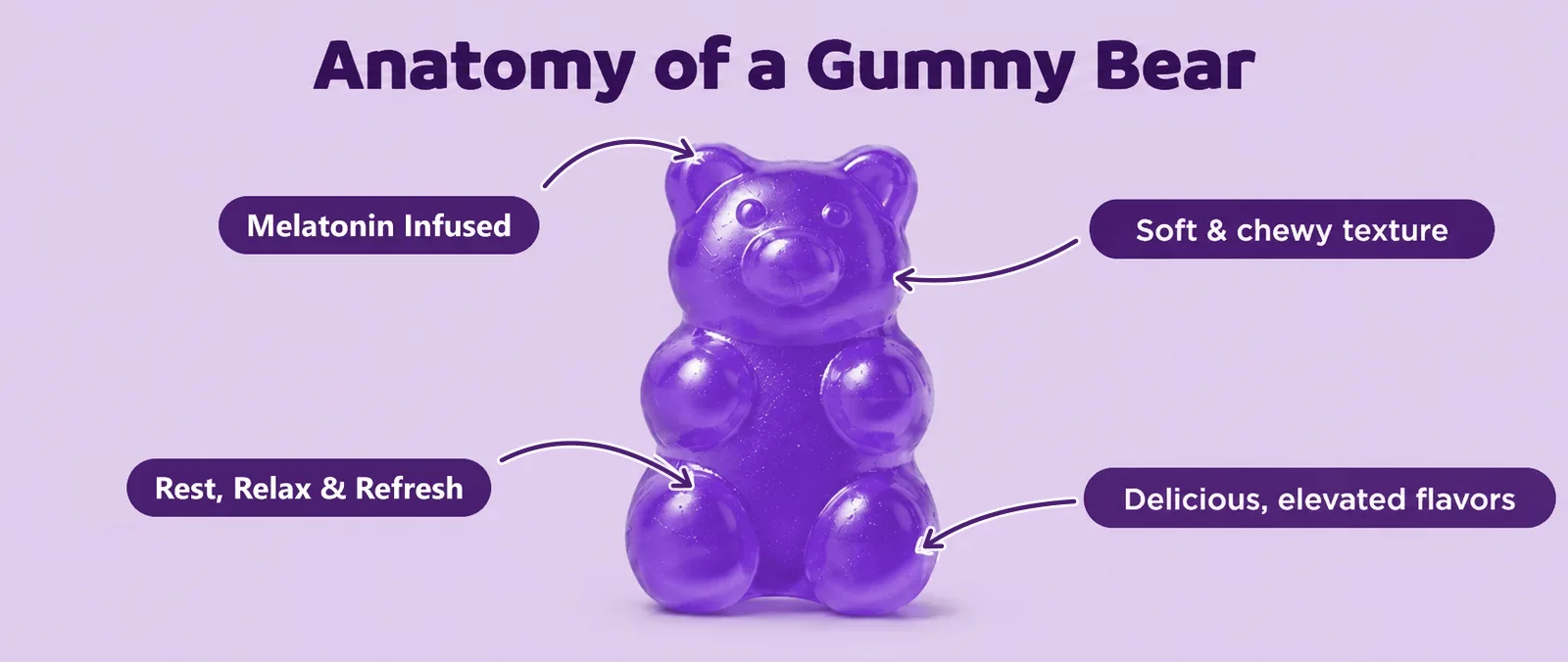 Anatomy of a Gummy Bear: Melatonin Infused, soft and chewy texture, Rest, Relax & Refresh, delicious elevated flavors