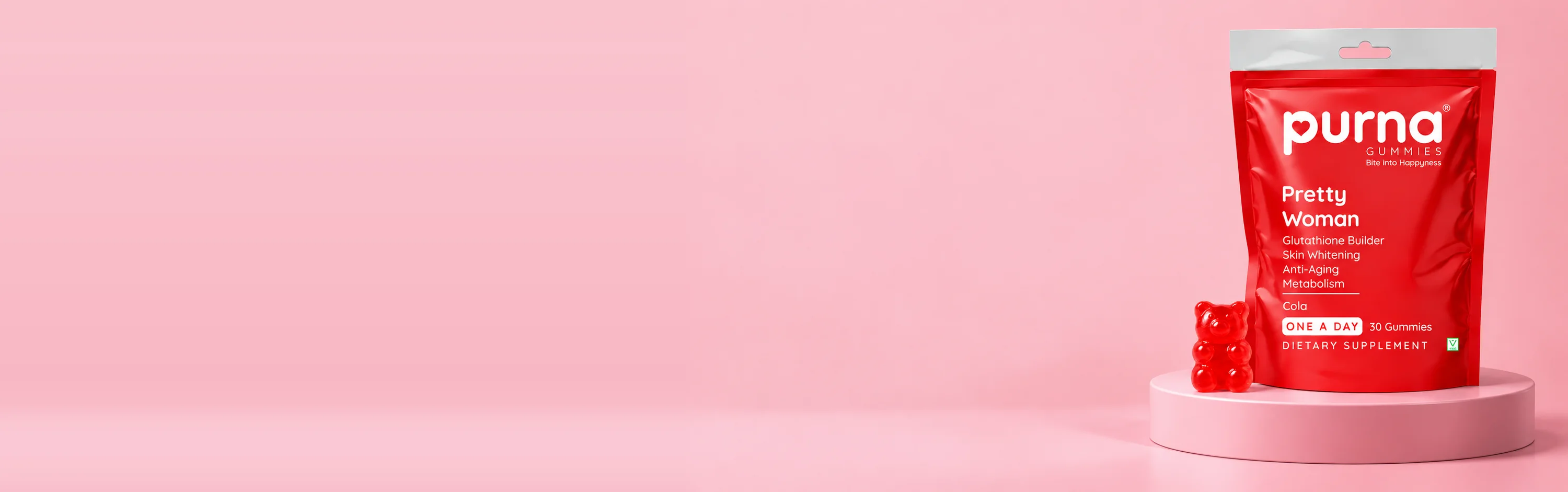 Purna Pretty Woman Glutathione gummies pouch with a red gummy bear on a pink stand