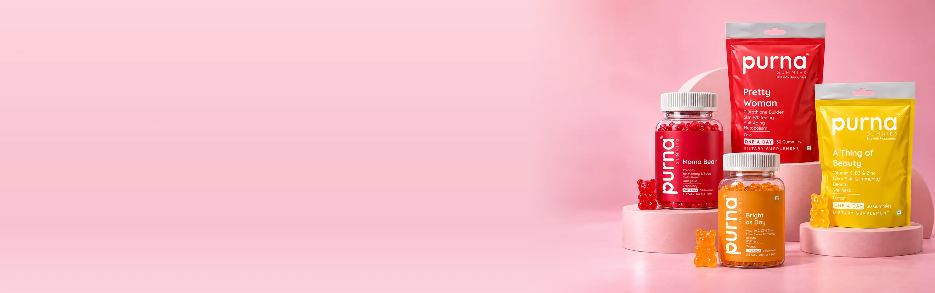 Purna gummies range: Mama Bear, Pretty Woman, Bright as Day and A Thing of Beauty on pink stands