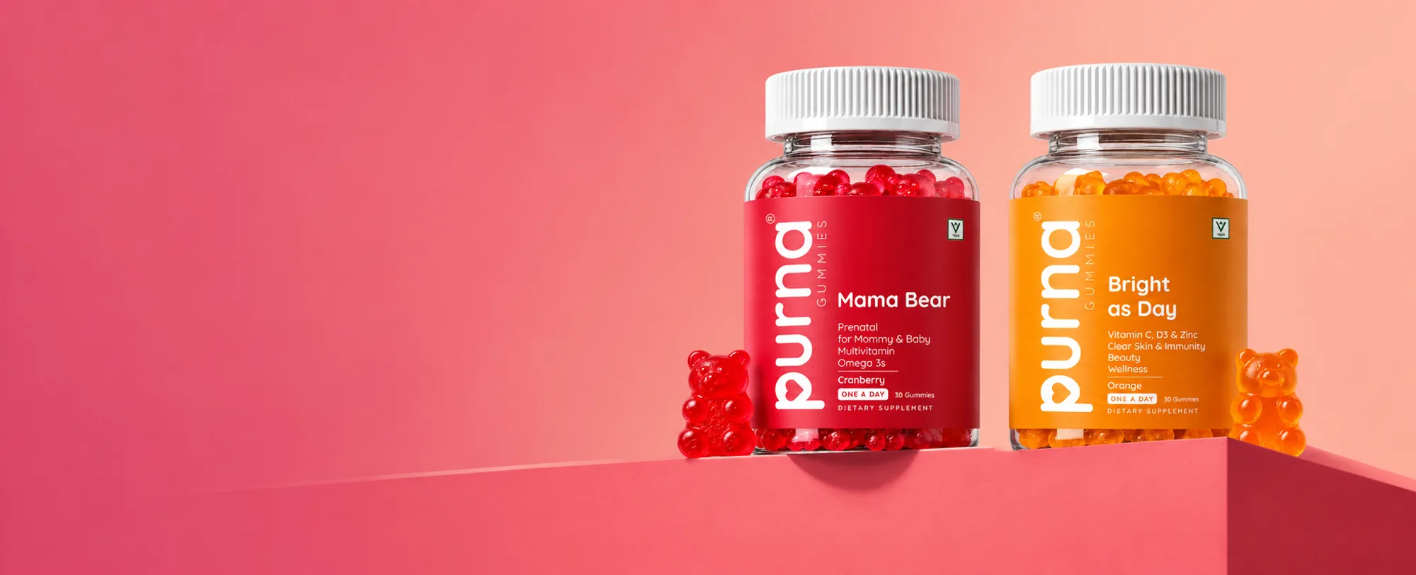 Purna Mama Bear and Bright as Day gummy jars with red and orange gummy bears
